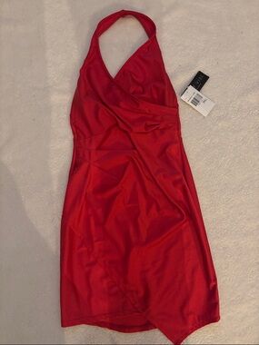 Vibe One-Shoulder Red Halter Dress